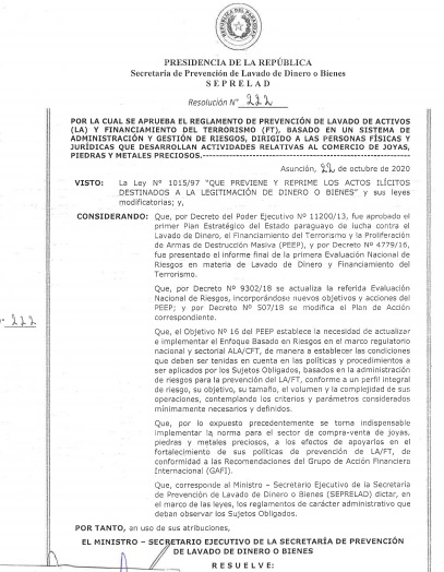 SEPRELAD aprueba reglamento de prevención de lavado de dinero y financiamiento del terrorismo para comercio de joyas, piedras y metales preciosos