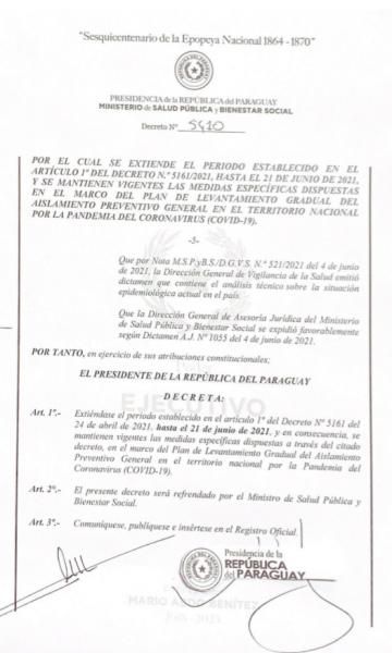 Ejecutivo dispone extensión de medidas sanitarias hasta el 21 de junio