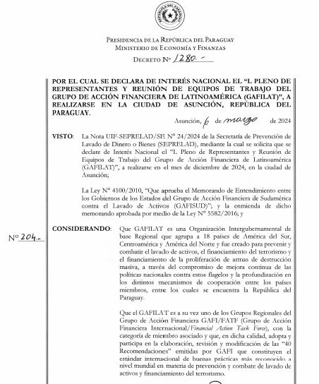 La Presidencia de la República del Paraguay declara interés nacional el “L Pleno de Representantes y Reunión de los Grupos de Trabajo del GAFILAT"