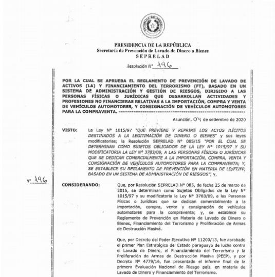 SEPRELAD aprueba reglamento de prevención de lavado de dinero y financiamiento del terrorismo para la importación, compra y venta de vehículos automotores, y consignación de vehículos automotores para la compraventa