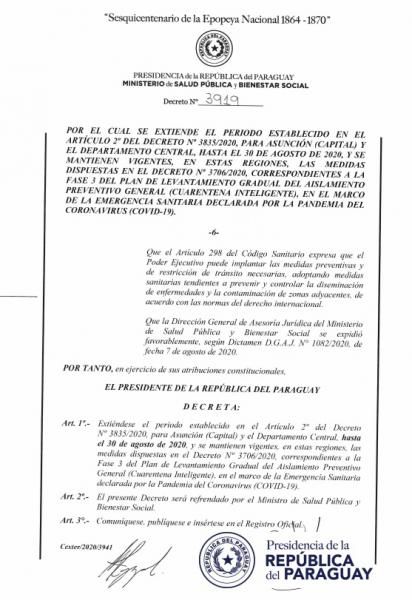 Ejecutivo extiende fase 3 hasta el 30 de agosto para Asunción y Central 