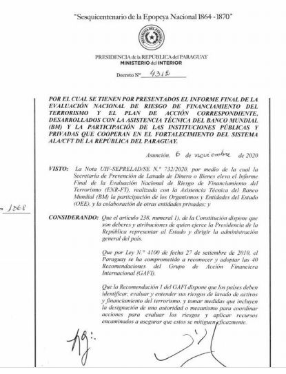 Paraguay aprueba Evaluación Nacional de Riesgos de Financiamiento del Terrorismo