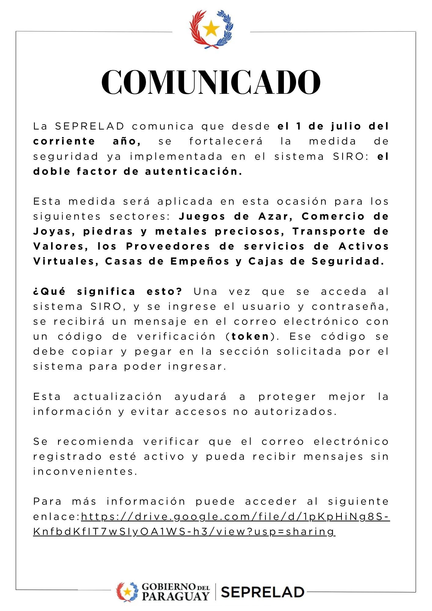 SEPRELAD comunica a los Sujetos Obligados de ciertos sectores