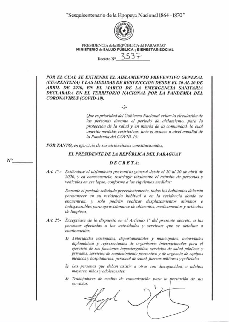 Ejecutivo extiende cuarentena por una semana más con las mismas condiciones