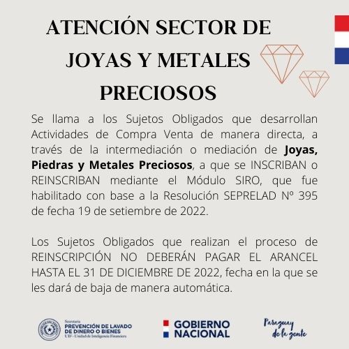 Atención Sector de Joyas, Piedras y Metales Preciosos