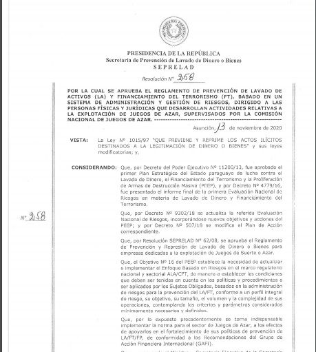 SEPRELAD aprueba reglamento de prevención de lavado de dinero y financiamiento del terrorismo para juegos de azar