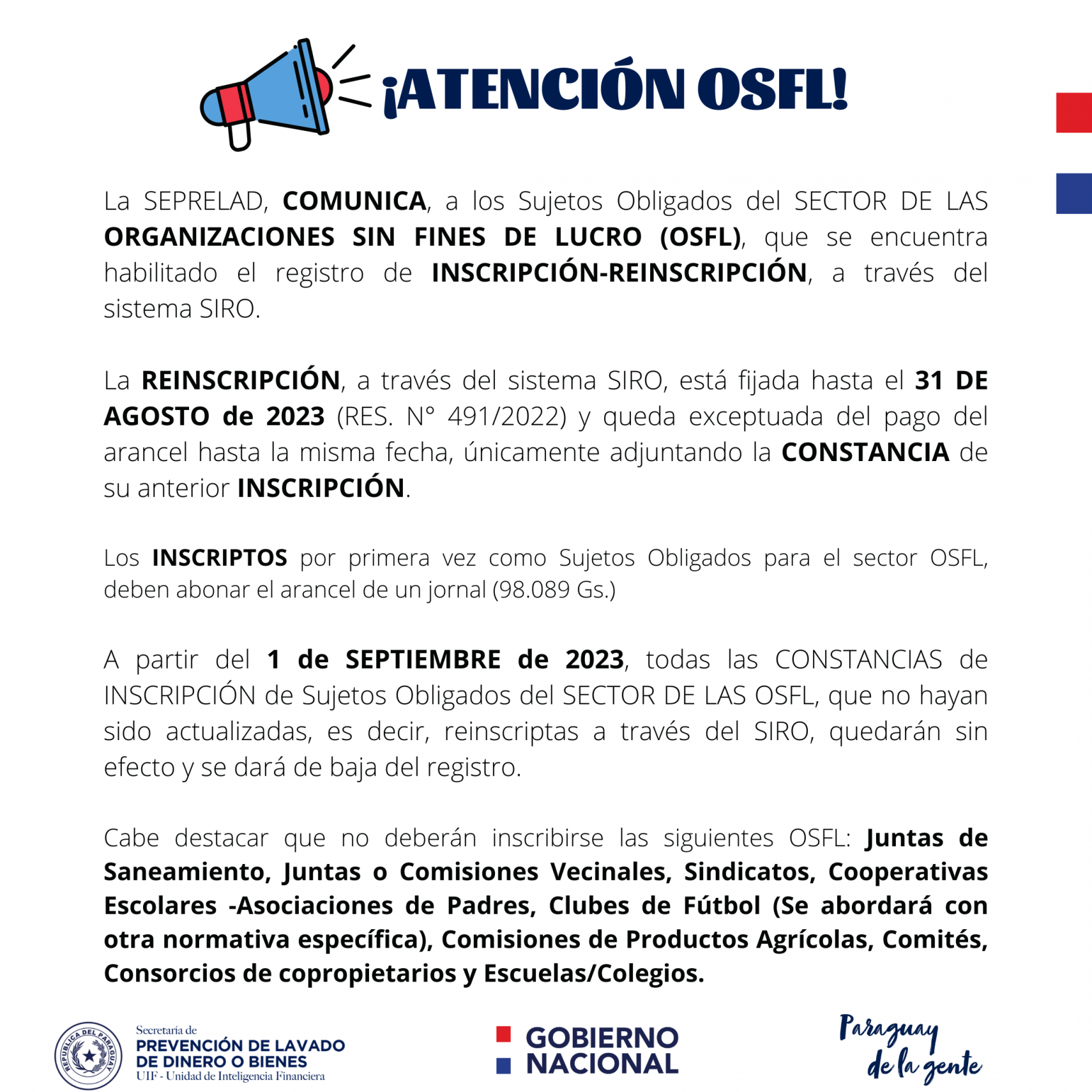 Comunicado para las Organizaciones Sin Fines de Lucro