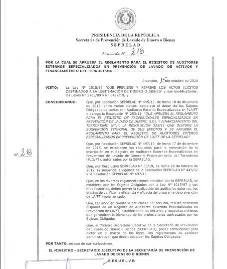 SEPRELAD aprueba reglamento para el registro de auditores externos especializados en prevención de lavado de activos y financiamiento del terrorismo