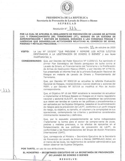 SEPRELAD aprueba reglamento de prevención de lavado de dinero y financiamiento del terrorismo para comercio de joyas, piedras y metales preciosos