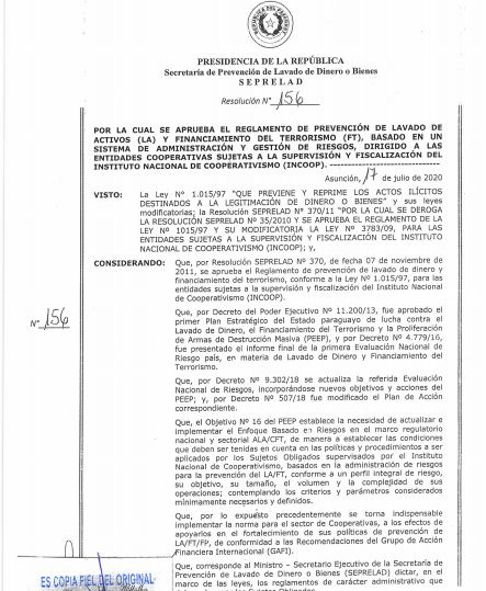 SEPRELAD aprueba reglamento de prevención de lavado de dinero y financiamiento del terrorismo para las entidades sujetas a la supervisión y fiscalización del INCOOP