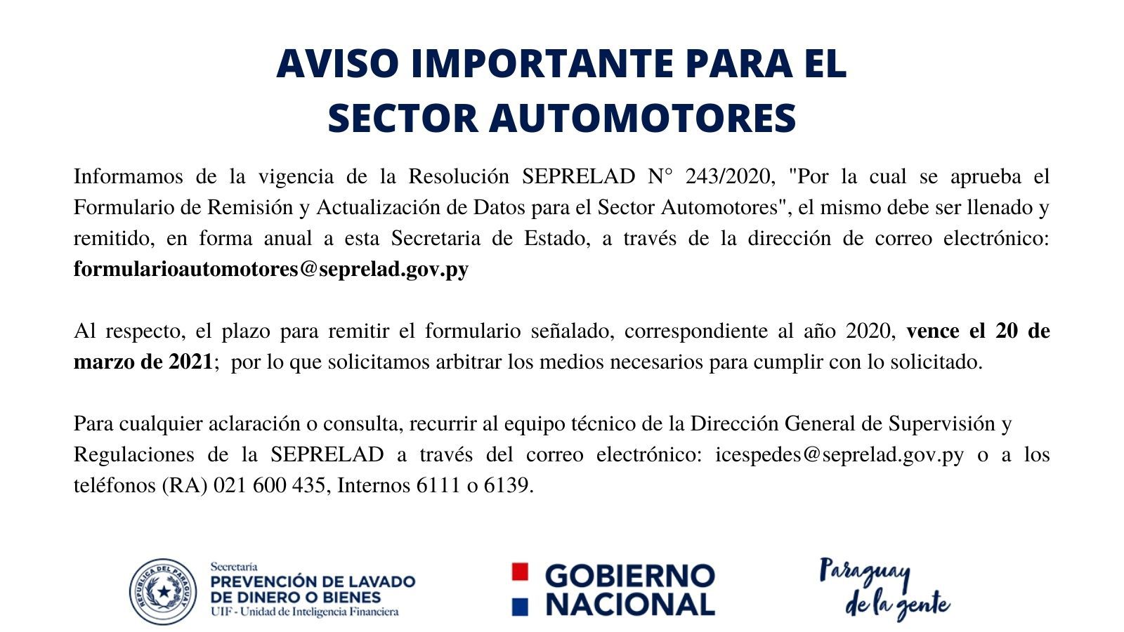 AVISO PARA EL SECTOR AUTOMOTORES