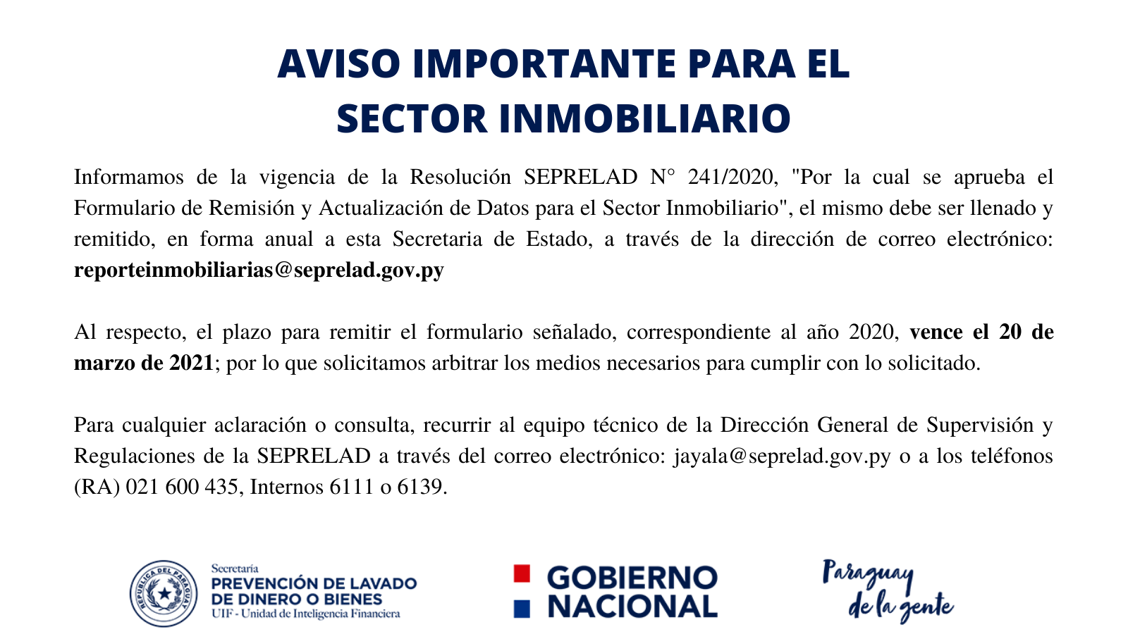 AVISO PARA EL SECTOR INMOBILIARIO