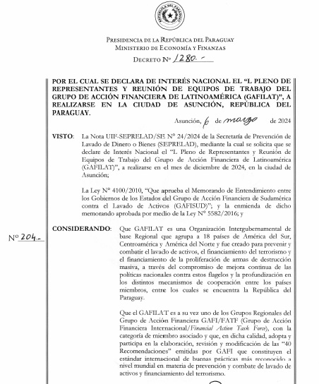 La Presidencia de la República del Paraguay declara interés nacional el “L Pleno de Representantes y Reunión de los Grupos de Trabajo del GAFILAT"