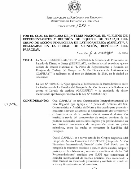 La Presidencia de la República del Paraguay declara interés nacional el “L Pleno de Representantes y Reunión de Equipos de Trabajo del Grupo de Acción Financiera de Latinoamérica (GAFILAT)"