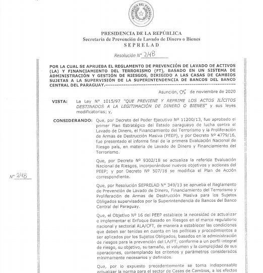 SEPRELAD aprueba reglamento de prevención de lavado de dinero y financiamiento del terrorismo para las casas de cambios