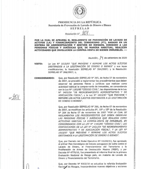 SEPRELAD aprueba reglamento de prevención de lavado de dinero y financiamiento del terrorismo para la compra-venta de bienes inmuebles