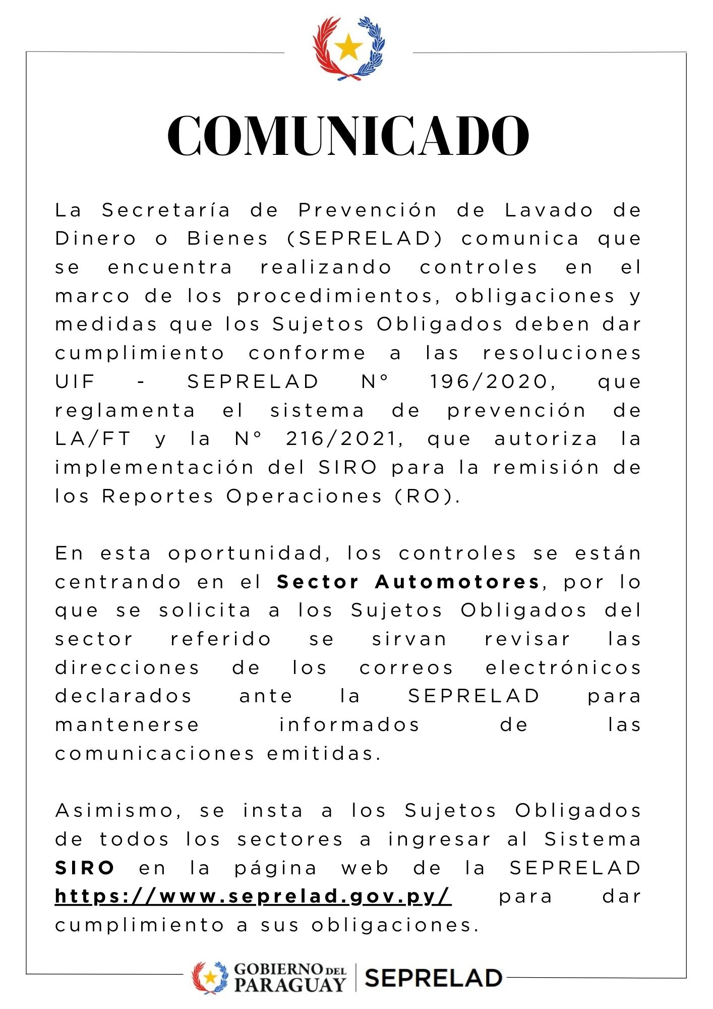 COMUNICADO PARA EL SECTOR AUTOMOTORES