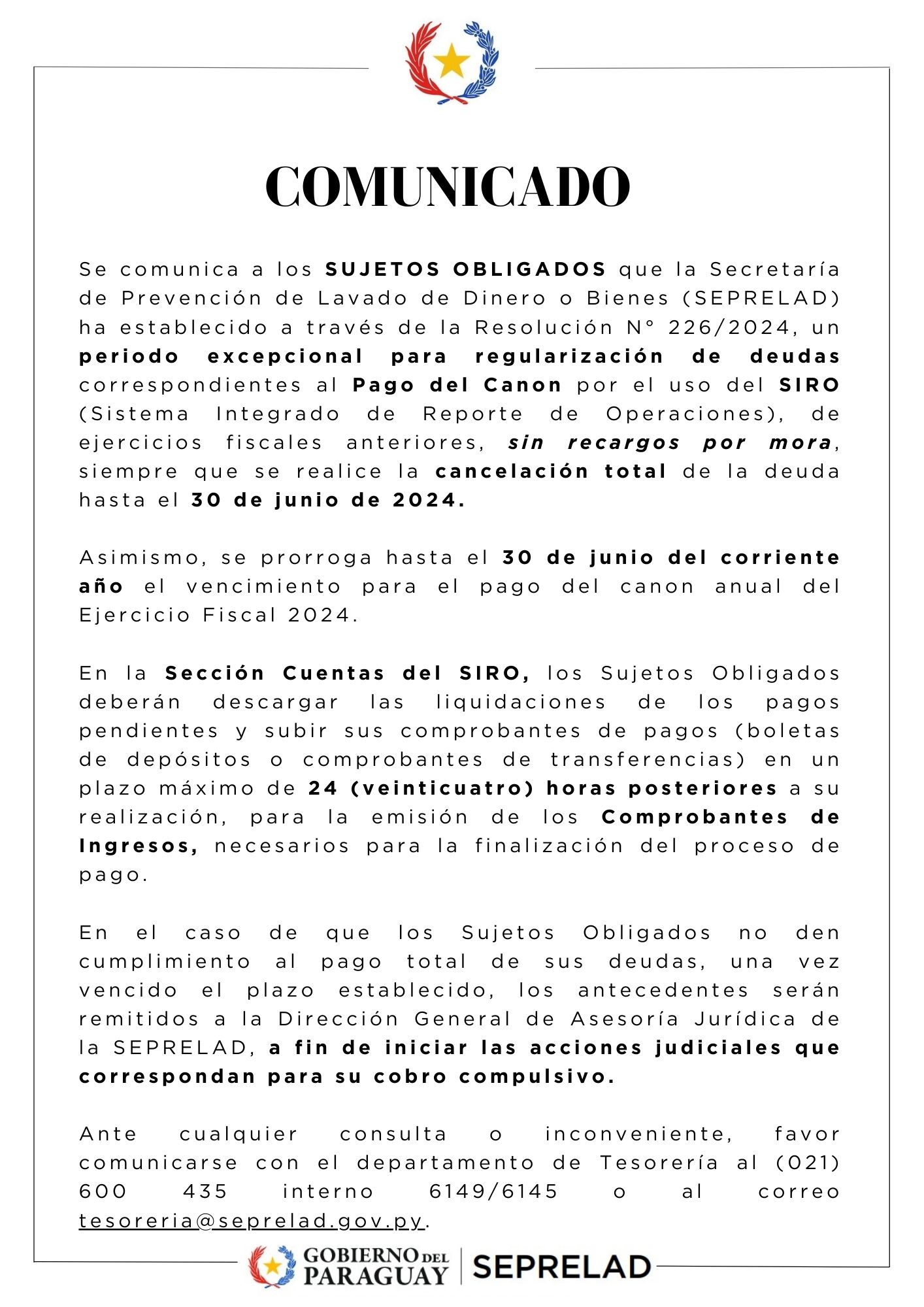 Comunicado: La SEPRELAD ha establecido un periodo excepcional para regularización de deudas correspondientes al Pago del Canon por el uso del SIRO 