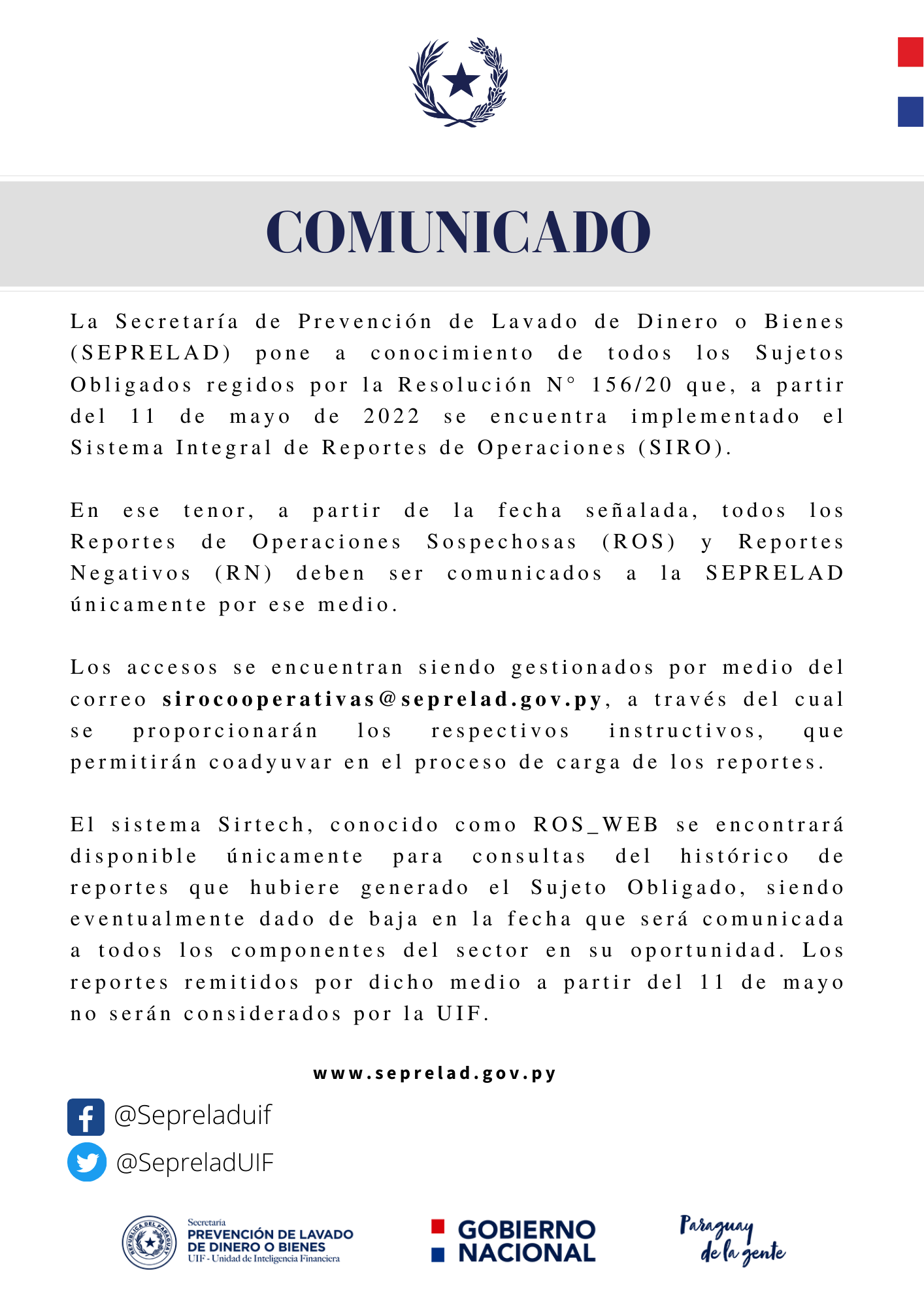 Comunicado para los Sujetos Obligados del Sector Cooperativo 