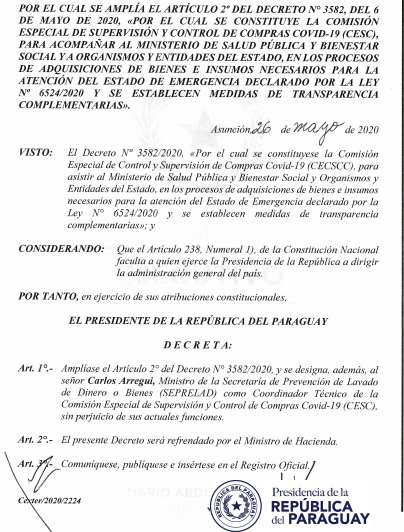 Presidente de la República designa al ministro Arregui para que integre Comisión Especial que supervisará todas las compras del COVID-19
