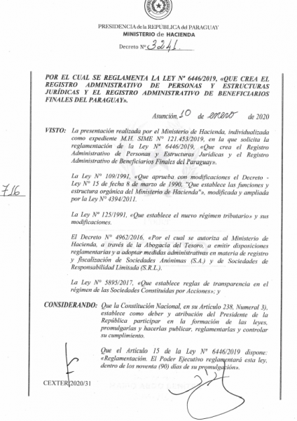 Ejecutivo reglamenta ley que crea el Registro Administrativo de Personas y Estructuras Jurídicas