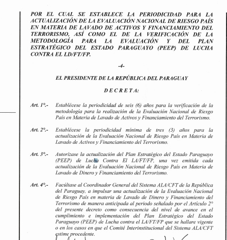 EJECUTIVO ESTABLECE PERIODICIDAD PARA LA ACTUALIZACIÓN DE LA EVALUACIÓN NACIONAL DE RIESGO PAÍS EN MATERIA DE LAVADO DE ACTIVOS Y FINANCIAMIENTO DEL TERRORISMO