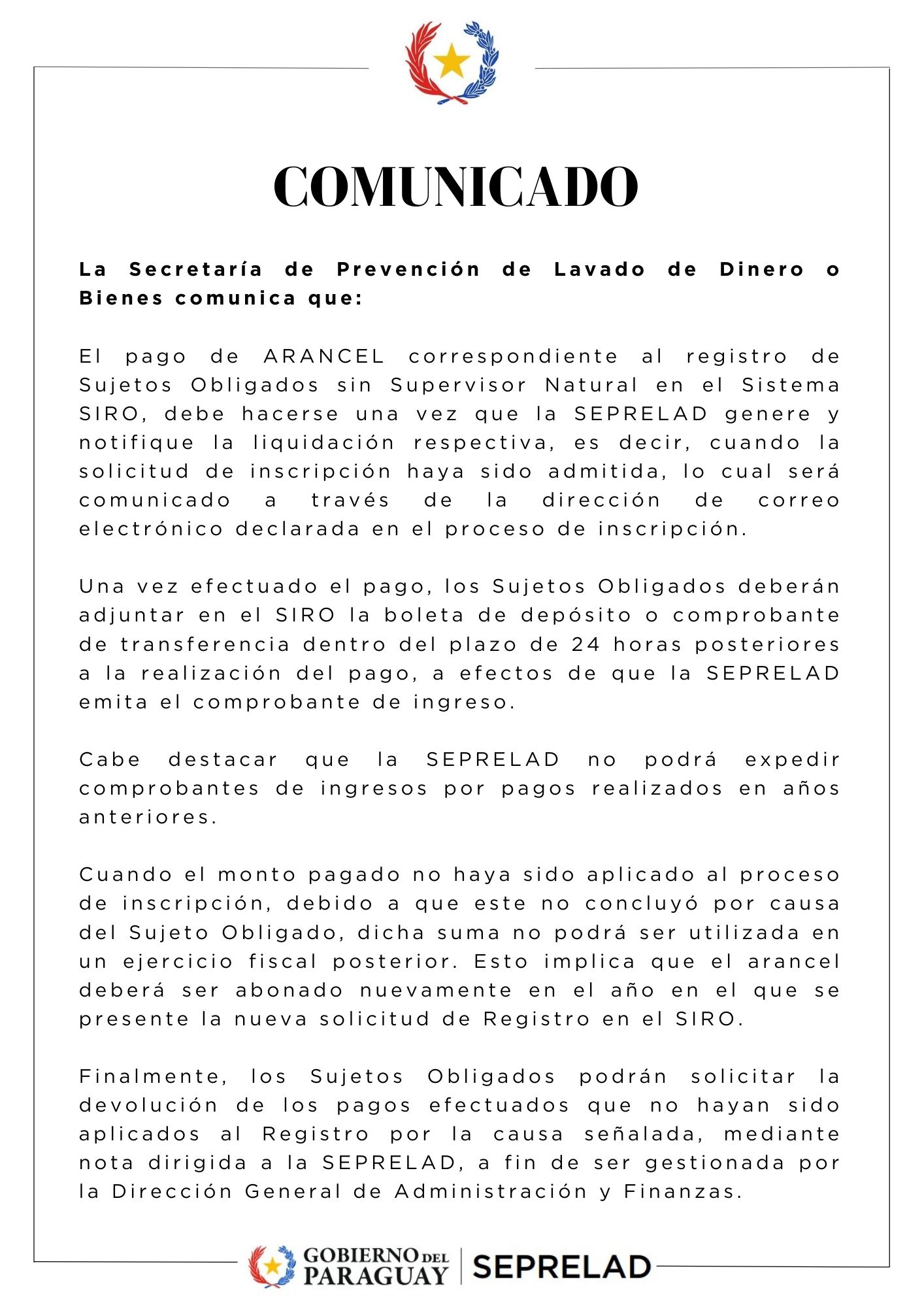 COMUNICADO SOBRE PAGO DE ARANCEL 