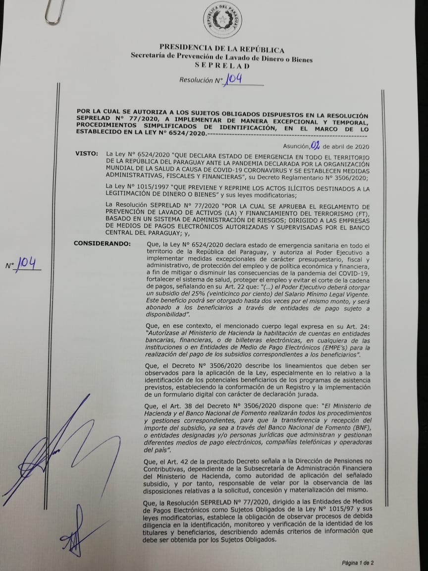SEPRELAD AJUSTA NORMATIVA PARA COLABORAR EN EMERGENCIA NACIONAL ANTE PANDEMIA DEL COVID-19