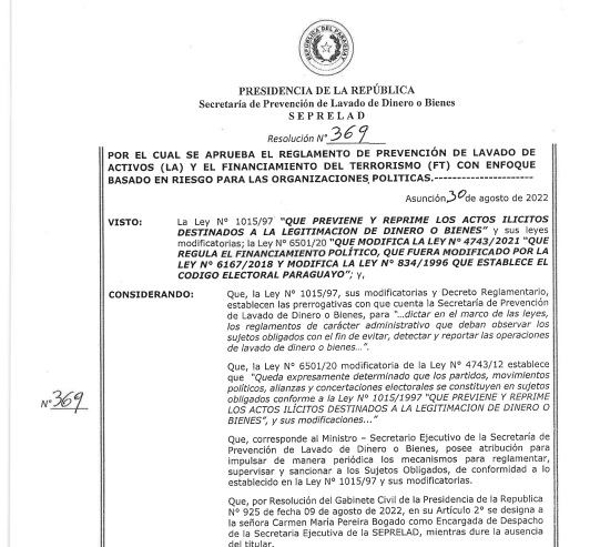 SEPRELAD aprueba reglamento de prevención de lavado de dinero y financiamiento del terrorismo para las organizaciones políticas