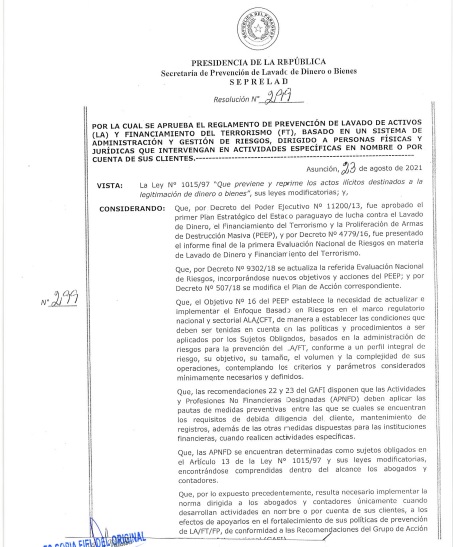 SEPRELAD aprueba reglamento de prevención de lavado de dinero y financiamiento del terrorismo para abogados y contadores