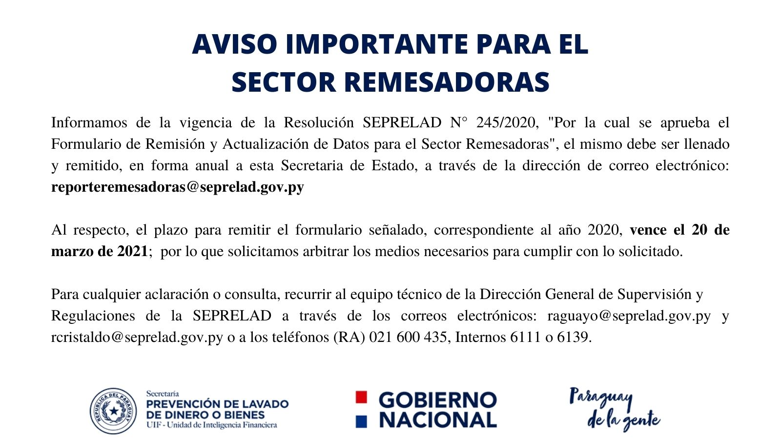 AVISO PARA EL SECTOR REMESADORAS 