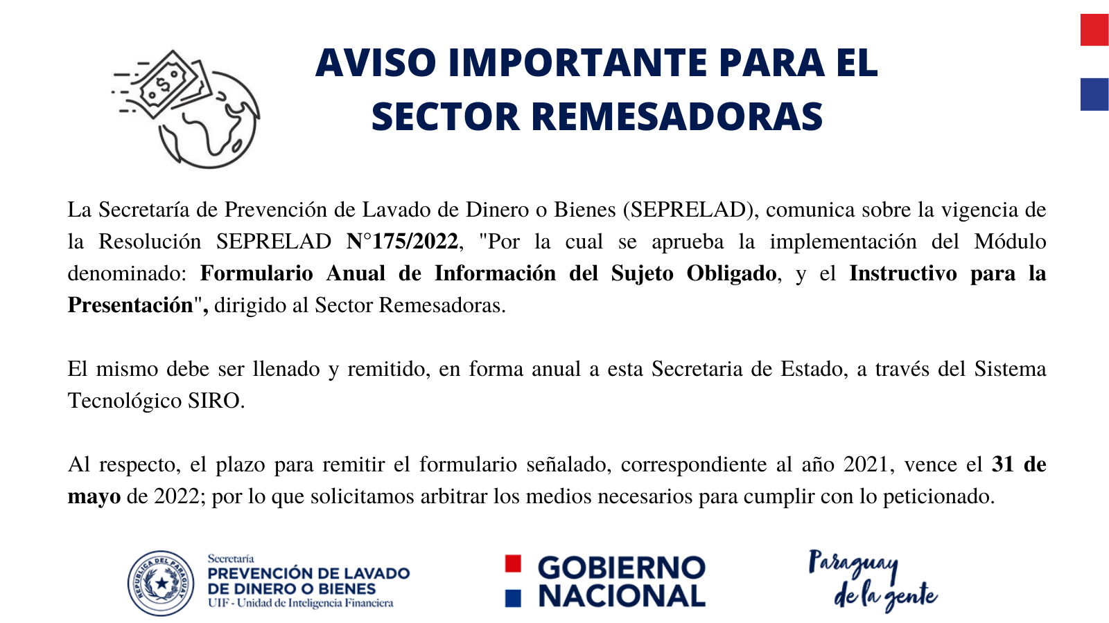 Aviso importante para el Sector de Remesadoras 