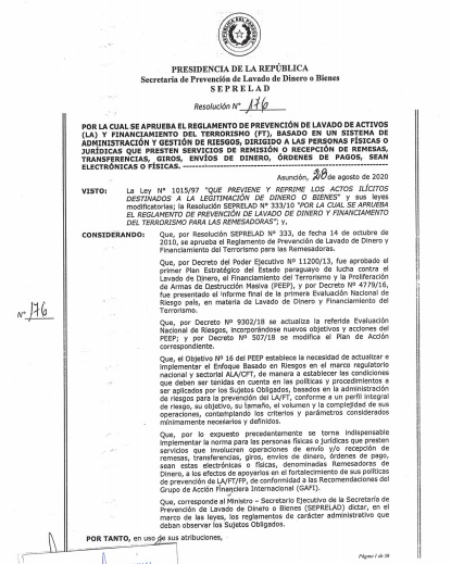 SEPRELAD aprueba reglamento de prevención de lavado de dinero y financiamiento del terrorismo para las remesadoras