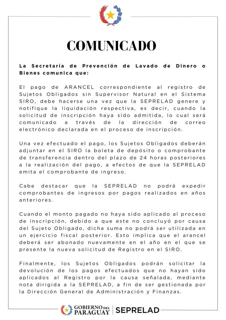 COMUNICADO SOBRE PAGO DE ARANCEL
