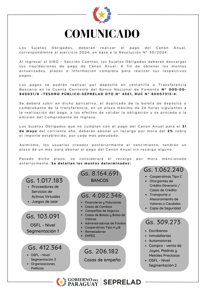 SEPRELAD comunica el pago de Canon Anual a los Sujetos Obligados
