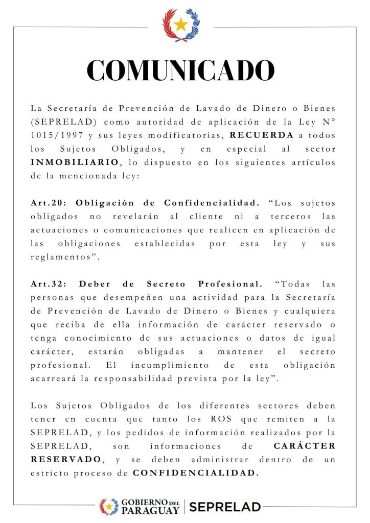 COMUNICADO PARA LOS SUJETOS OBLIGADOS EN ESPECIAL PARA EL SECTOR INMOBILIARIO