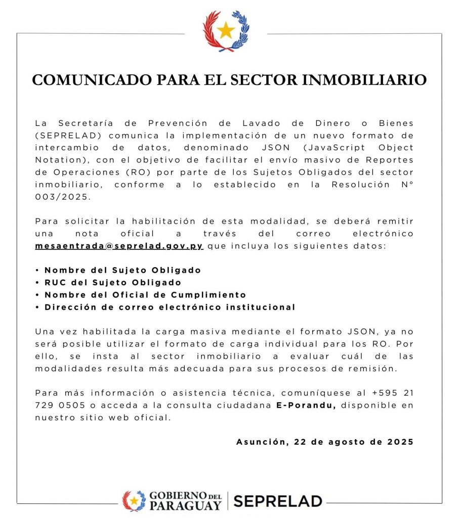 COMUNICADO AL SECTOR INMOBILIARIO