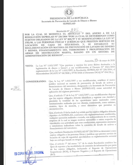 SEPRELAD actualiza régimen de reportes para cajas de seguridad
