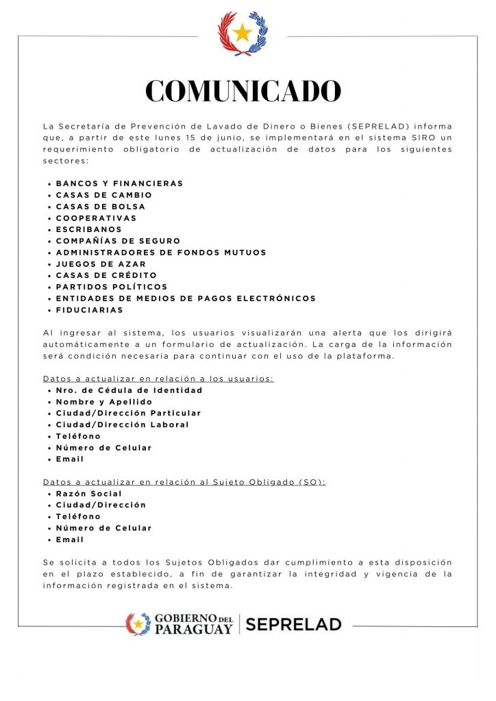 COMUNICADO: “Actualización Obligatoria de Datos en el Sistema SIRO para Sujetos Obligados”
